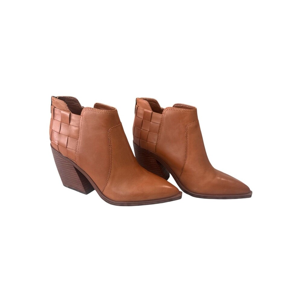 Vince Camuto Gemmlee Leather Ankle Booties Woven Heel Block Heel Cognac 9M - Picture 2 of 8